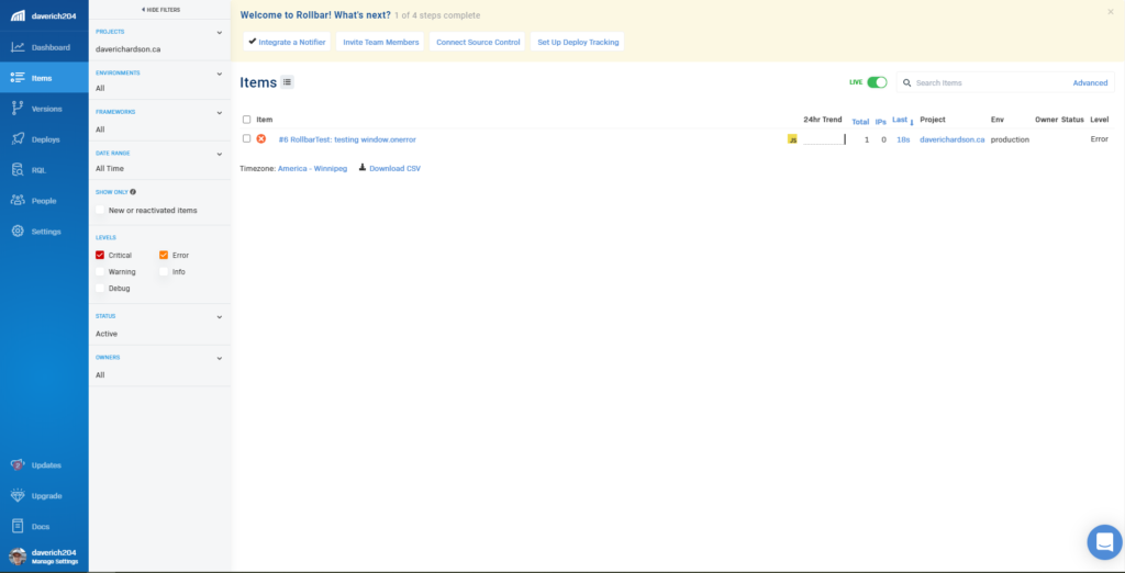 An image showing the rollbar items list with the error message we triggered
